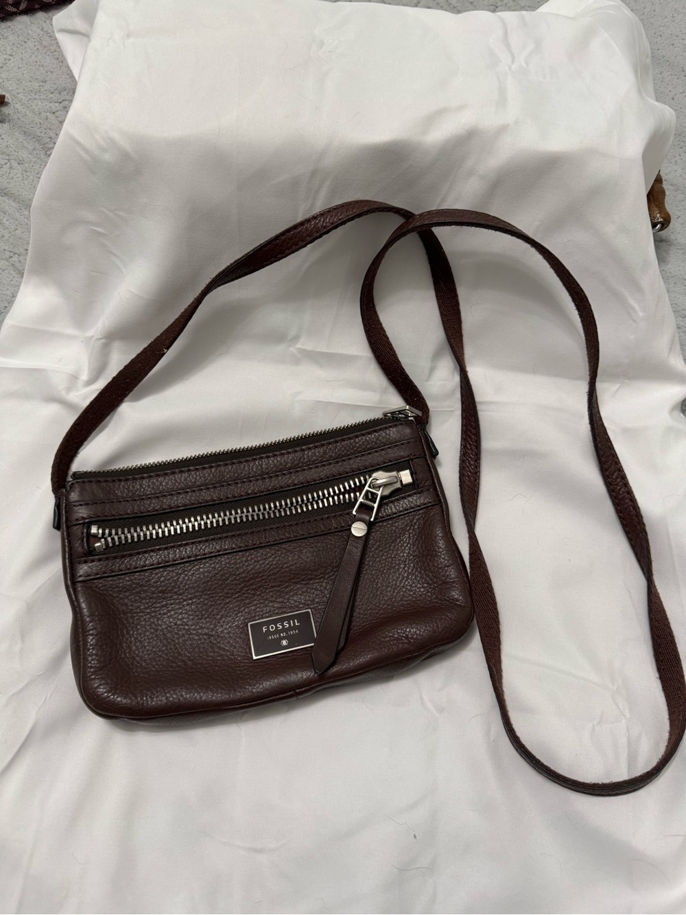Fossil Brown Pebbled Leather Crossbody with Front Zip